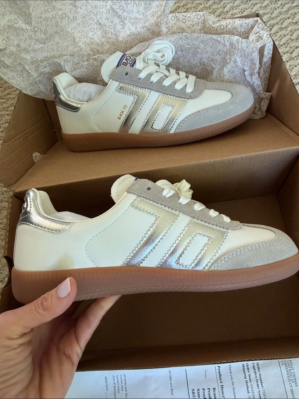 Back 70 Women’s White and Silver Low-Top Sneakers with Gum Sole - Picture 3 of 4